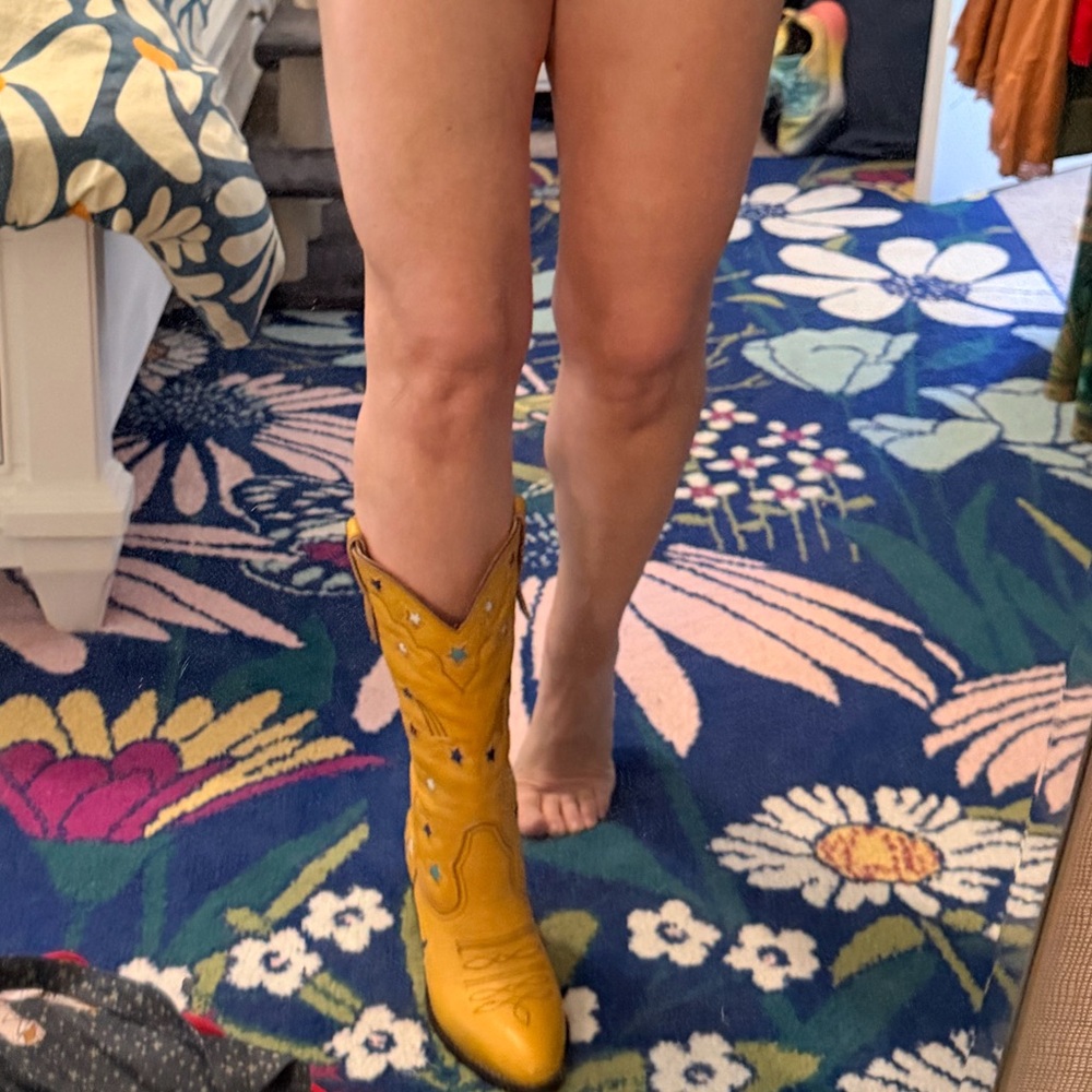 Chasing Unicorns Yellow Leather Cowboy Boots with Multicolor Star Appliqués - Picture 9 of 9